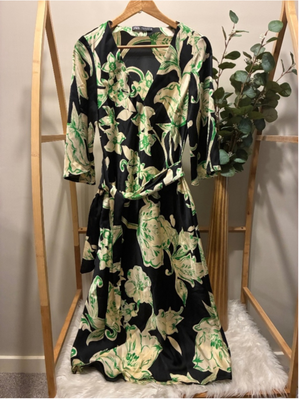 Zara Satin Floral Green and Black Maxi Dress